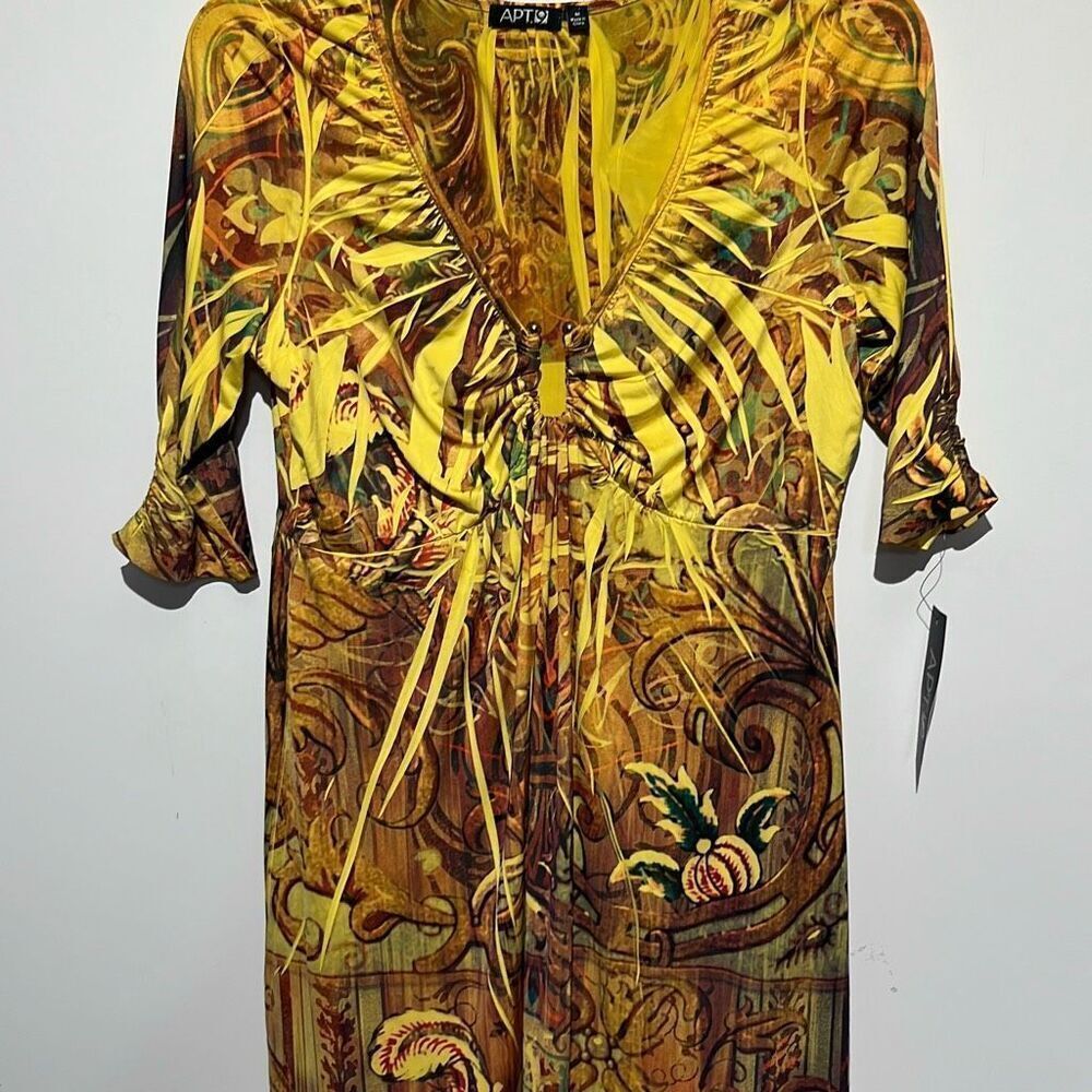 APT 9 Womens Yellow Browns Paisley Scoop Neck Short Sleeve Mini Dress Medium NWT
